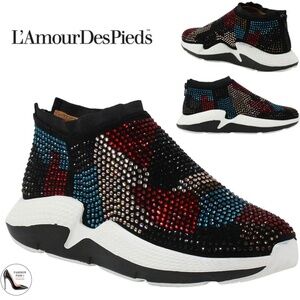 L'AMOUR DES PIEDS Helena Embellished Sneaker Black Suede Multi Rhinestones 7